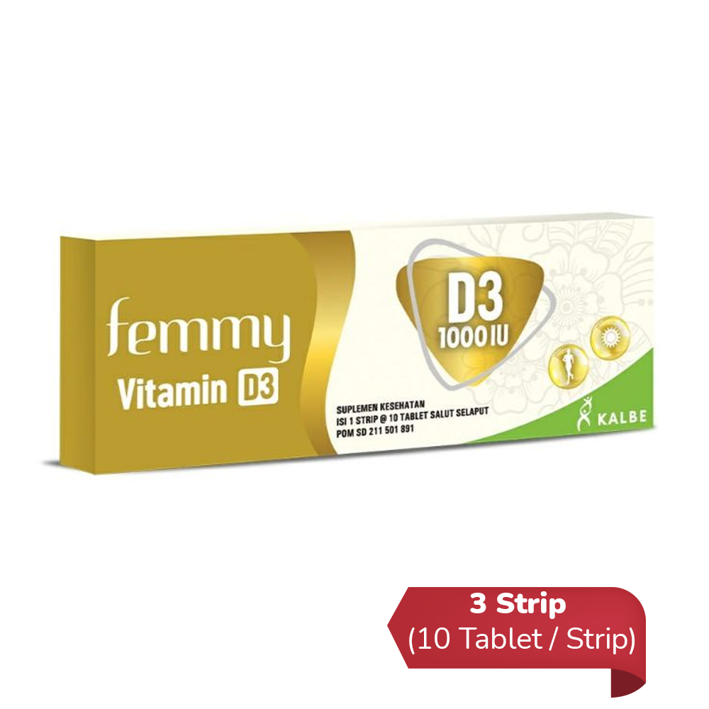 Femmy Vitamin D3 1000 IU 3 Strip (10 Tablet/Strip) - Hemat Borongan Femmy Vitamin D3 1000 IU 3 Strip (10 Tablet/Strip) - Hemat Borongan