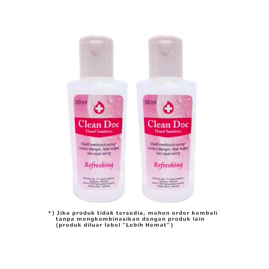 Clean Doc Hand Sanitizer Refreshing 2 Botol @ 60 ml - Lebih Hemat Clean Doc Hand Sanitizer Refreshing 2 Botol @ 60 ml - Lebih Hemat